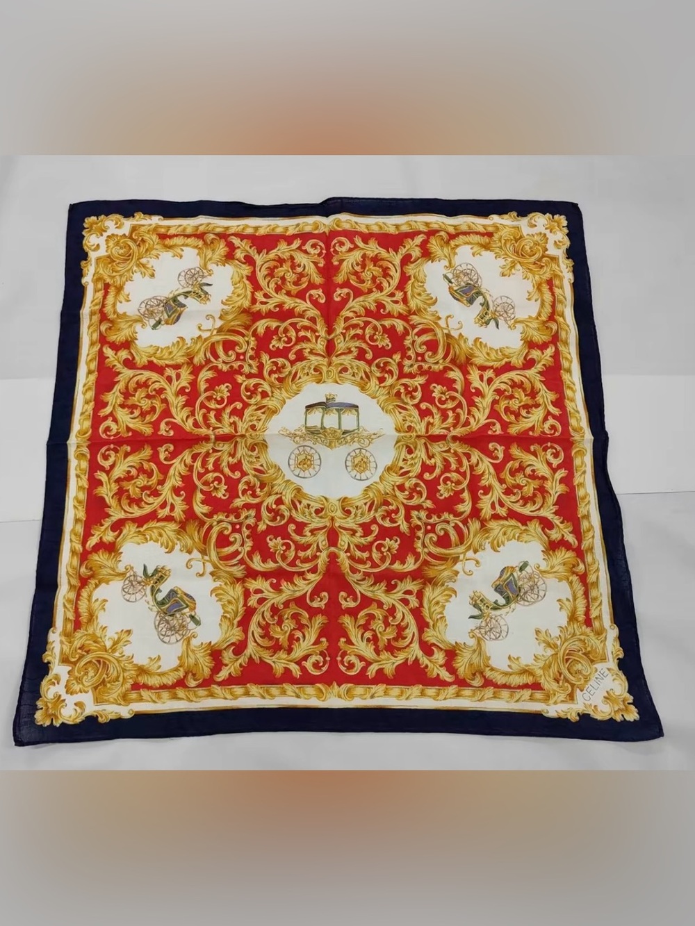 CELINE Paris vintage Cotton Handkerchief Baroque Carriage Print
